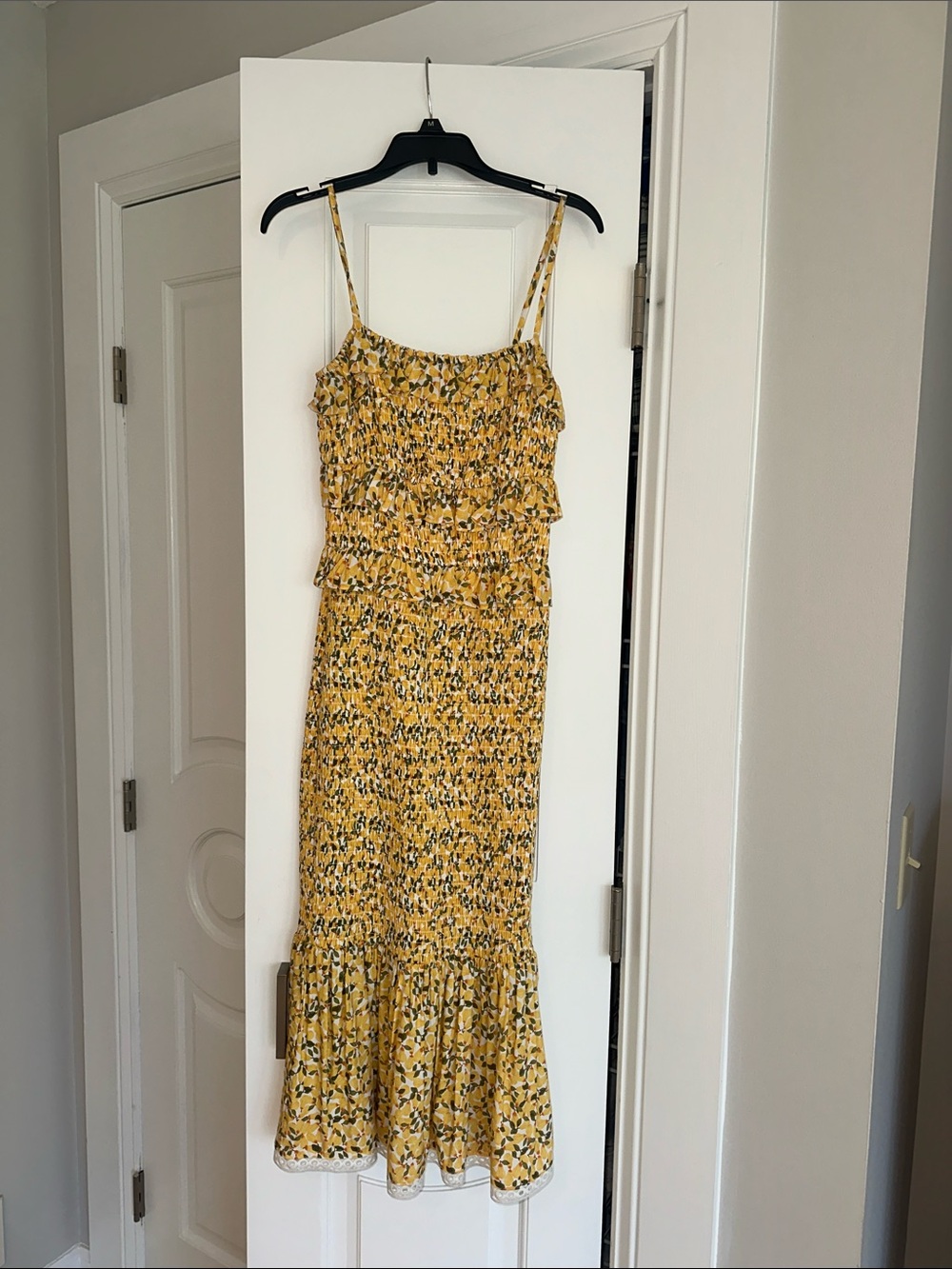ANTONIO MELANI Yellow Floral Smocked Midi Dress with Ruffle